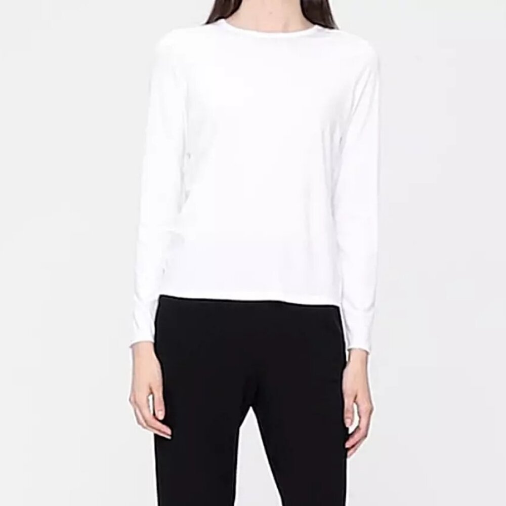 EILEEN FISHER White System Lightweight Viscose Jersey Crew Neck Top L Large
